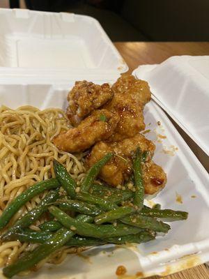 Orange chicken, noodles, green beans