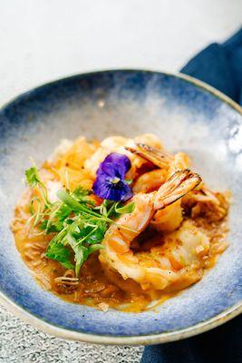 Prawn satay - grilled marinated prawns with sweet and spicy peanut and mung bean sauce , serve with rice vermicelli, shallot, veggie relish