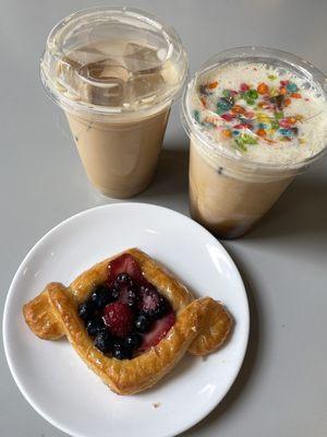 Iced hazelnut latte + Saturday morning coffee + berry danish