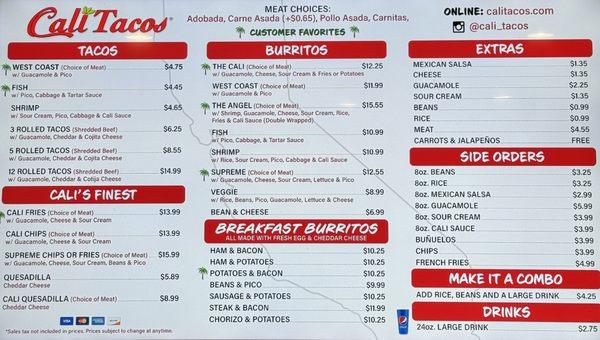 Cali Tacos Menu (as of July 1st, 2024) Santa Ana Location.