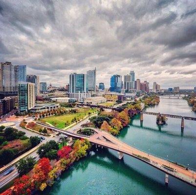 Beautiful view overlooking downtown above Lamar pedestrian bridge.