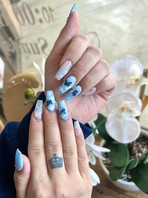 Blue coffin nails, clouds, butterfly, diamonds, baby blue