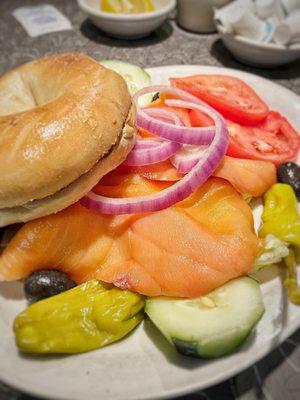 Bagel with Lox & Cream Cheese, Onions, Olives and Pepperoncinis