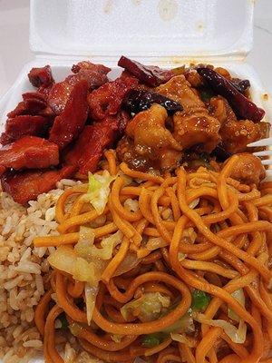 Bbq pork, Kung pao chicken, fried rice, and chow mein