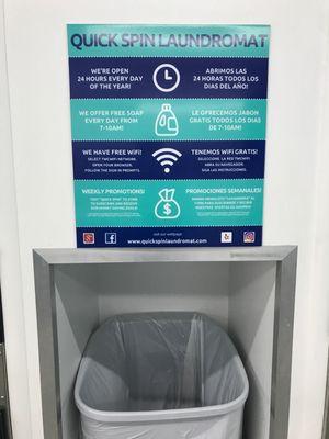 Quick Spin information & trash cans