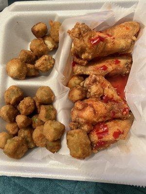 Fried okra and spicy honey glaze wings