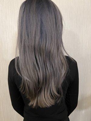 Ash grey hair with blue undertone done by Manny