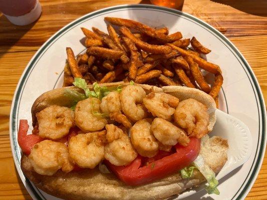 Shrimp po boy with sweet fries.