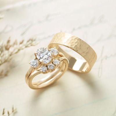 Gold diamond engagement ring and wedding bands