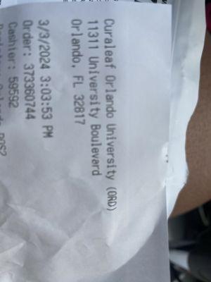 Receipt from todays visit