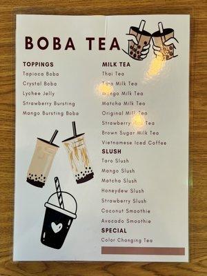 Boba Tea Menu