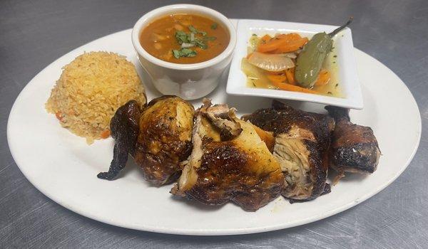 1/2 roasted chicken with charro beans 
Mexican rice 
Home made chiles en vinagre