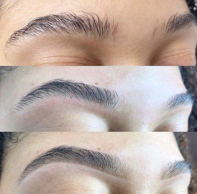 Brows before, after waxed and shaped & perfected with eyebrow product. Brows by Amanda.