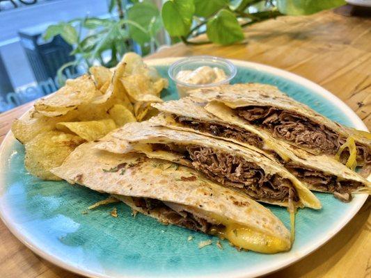 Roast beef and cheese quesadilla