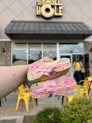 Rainbow bagel with strawberry cream cheese