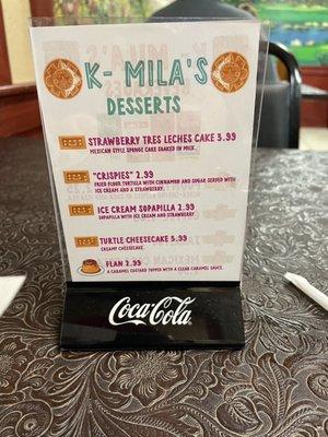 Dessert options menu