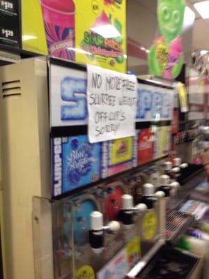 "Free Slurpee day" from 11am-7pm. This location was "out of cups" when we arrived at 6:45p--then stocked them at 7p & said no.