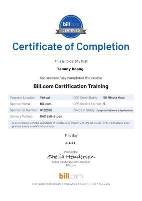 Irvine Bookkeeping's team is certified in Bill.com, offering expert training to streamline your accounts payable and receivable processes