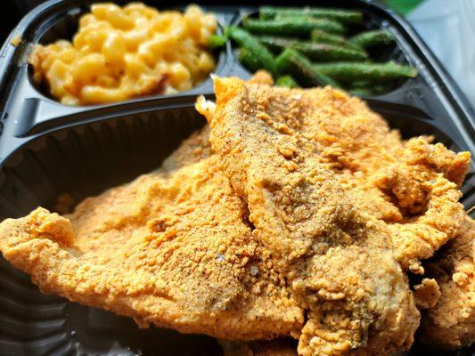 Fried Whiting,  green beans and Mac and cheese