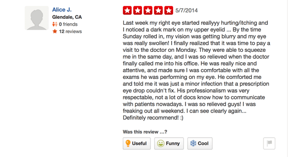 A review from one of our patients that got deleted when the new Modern Optometry page was created.