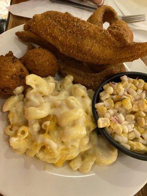 Catfish filet, corn salad, Mac n cheese