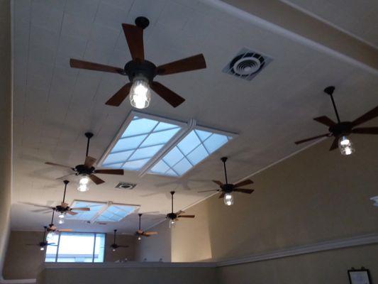 Custom Ceiling Fans. 12 high ceiling fans, my own vision on making existing fans with no light output, into cost saving efficient 150w fans