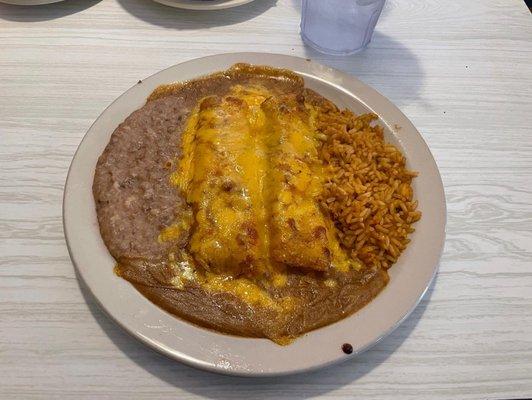 Cheese enchiladas,rice and beans