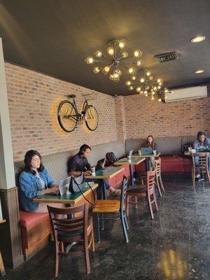 Students fill up the whole coffee shop, one to a table, one tiny drink, stay for hours. No where to sit :(