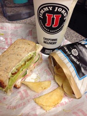 #12 Beach Club on wheat bread, extra lettuce, extra hot peppers. With salt & vinegar chips and a large cherry coke.