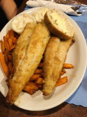 Pan fried walleye, bread, Cole slaw & sweet potato fries.