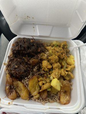 Curry chicken oxtail rice and plantain.