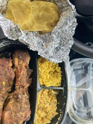 Top left - yellow rice Top right - egusi  Bottom - curry/jerk chicken