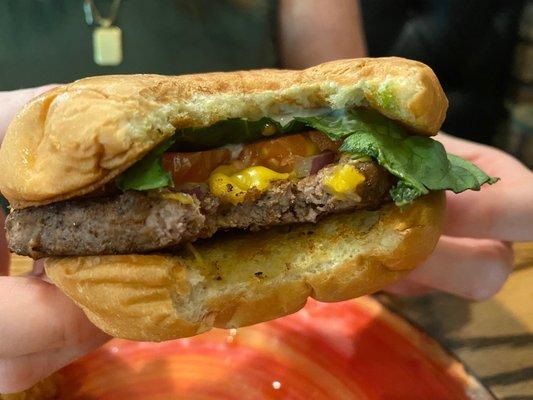 Frozen, dry burger patty. Just switch to hand formed and the burgers will be edible!