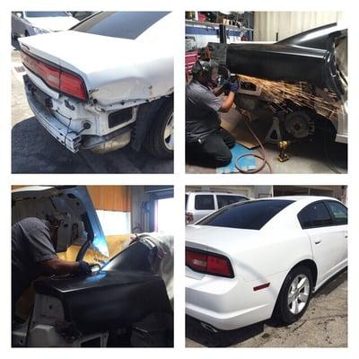 2012 Dodge Charger Quarter Panel Damage. Put Our Best Auto Body Specialist on The job and made it look like new.