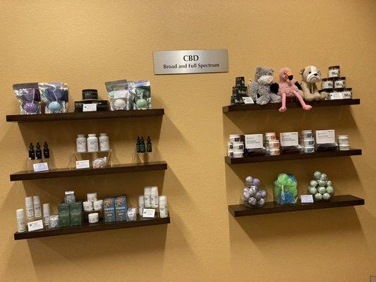 CBD tinctures, Melatonin and CBD tincture, CBD Topicals for Pain Relief, CBD bath bombs, and CBD cat and dog treats!