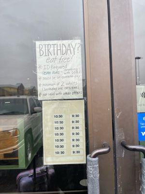 Birthday special and service times