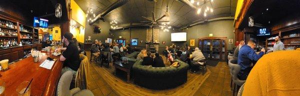 Panorama of bar, seating, lounge area. (Not pictured is more table seating and banquet room)