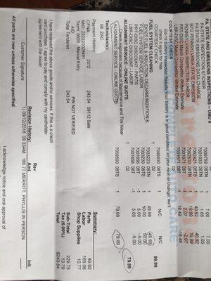 A bill VERY SIMILAR to her last visit 3 months ago and 417 miles. Hmm WHAT ARE THE CHANCES?  ZERO!