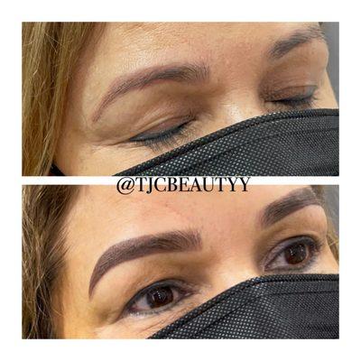 CORRECTION WORK. She got her brows done with another artist that made her brows turn red. I corrected it back to brown/ new shape!