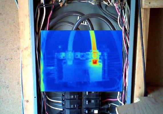 IR Thermal imaging reveals hot spot on electrical service conductors