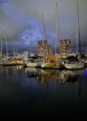 Gorgeous dusk at Ala Wai Small Boat Harbor. SEA Financial Hawaii's offices in the distance.