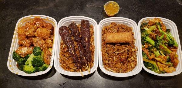 Chicken & Broccoli with Pork Fried Rice and an Egg Roll plus Sesame Chicken with Pork Fried Rice and Beef Teriyaki Sticks.