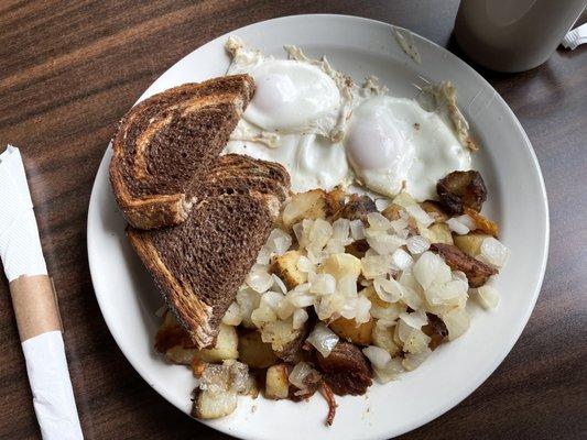 Basted Eggs, American Fries, and Rye Toast -- my go to!