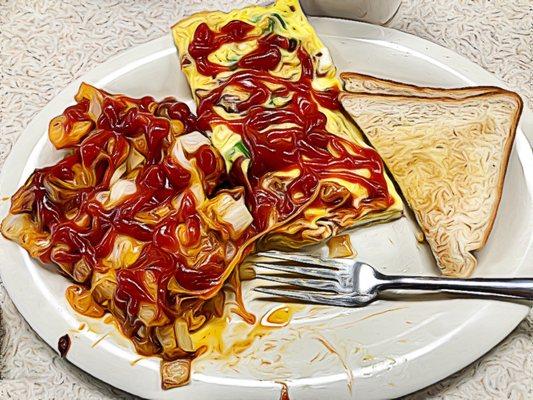 Eastern omelet, home fries with cheese, bacon, onions and peppers. And on yeah, Ketchup. I love Ketchup.