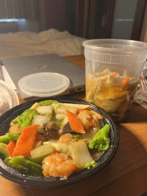 Wonton soup and shrimp with Veggies.