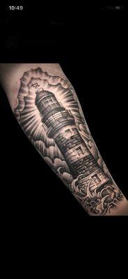 Lighthouse half sleeve, done by Austin. 1 session