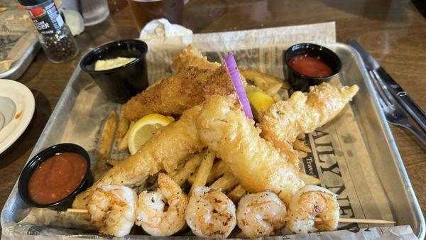 Fish & Chips with side of shrimp. Really good except fish a bit on the greasy side.