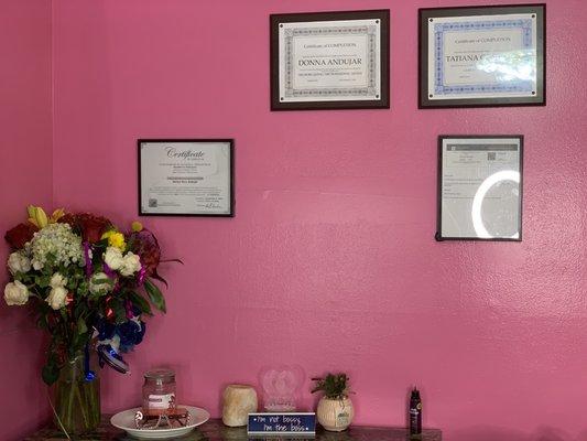 Microblading/Shading Certified Certificate, Bloodborne Pathogens Certificate, Lash Certificate, CPR Certificate.