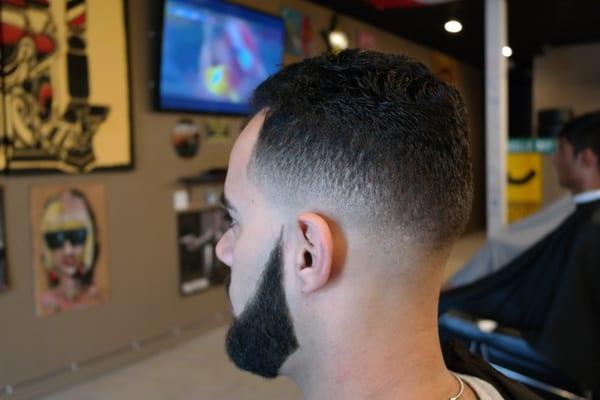 Low bald fade, scissor cut on top