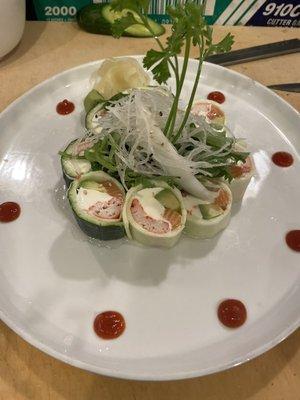 T K maki roll cucumber wrap fresh salmon cream cheese avocado crab stick w. Sweet vinegar s.